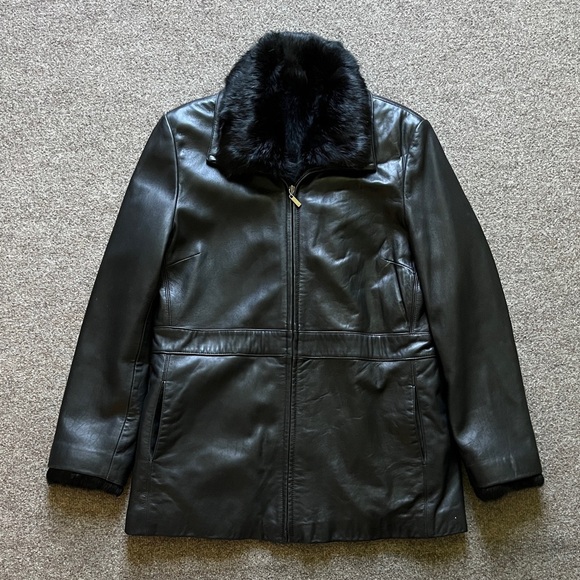 Wilsons Leather Pelle Studio Rabbit Fur Removable Lining Black Coat Jacket Large - Picture 1 of 16